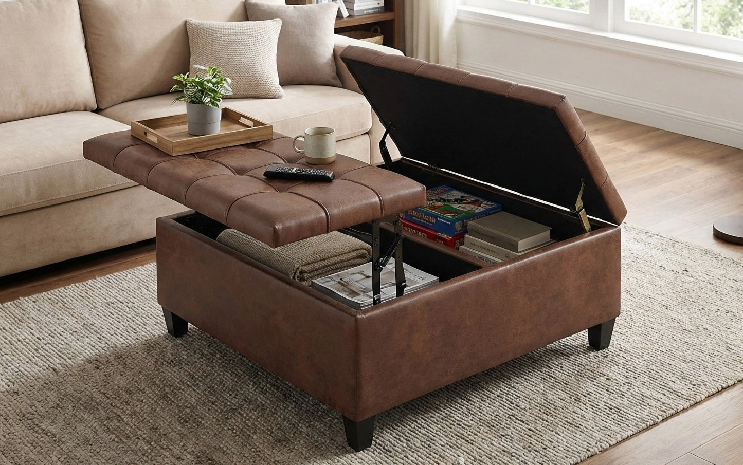 Distressed Umber Brown Distressed Vegan Leather | Harrison Coffee Table Storage Ottoman