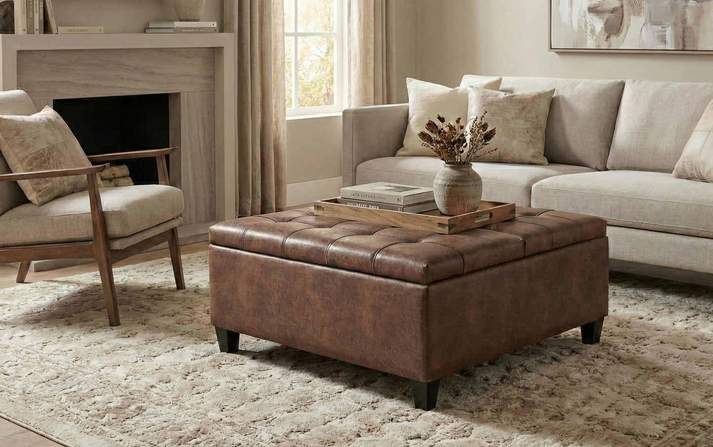 Distressed Umber Brown Distressed Vegan Leather | Harrison Coffee Table Storage Ottoman