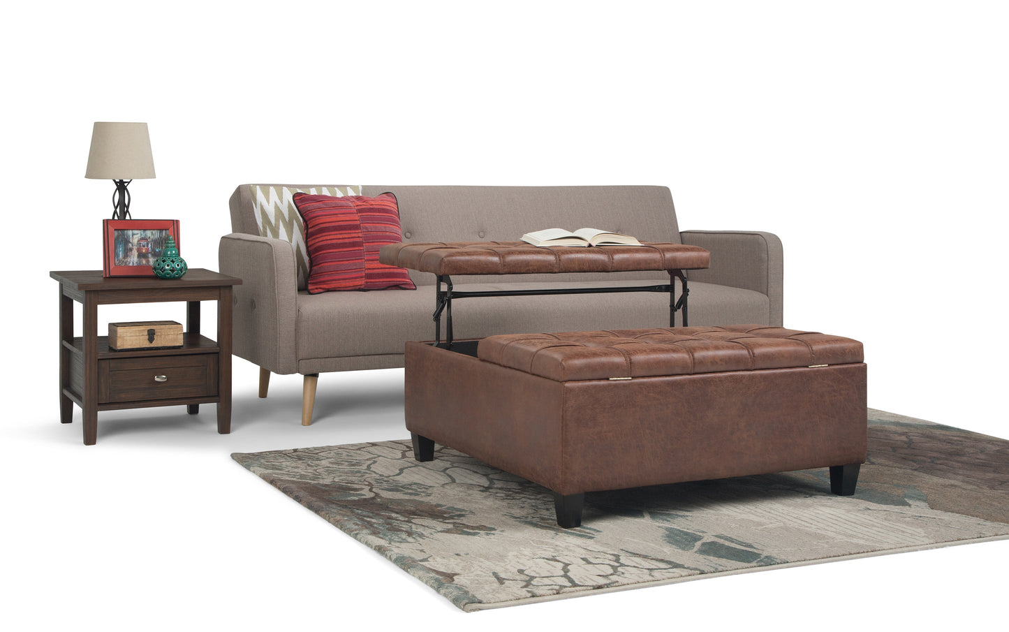 Distressed Umber Brown Distressed Vegan Leather | Harrison Coffee Table Storage Ottoman