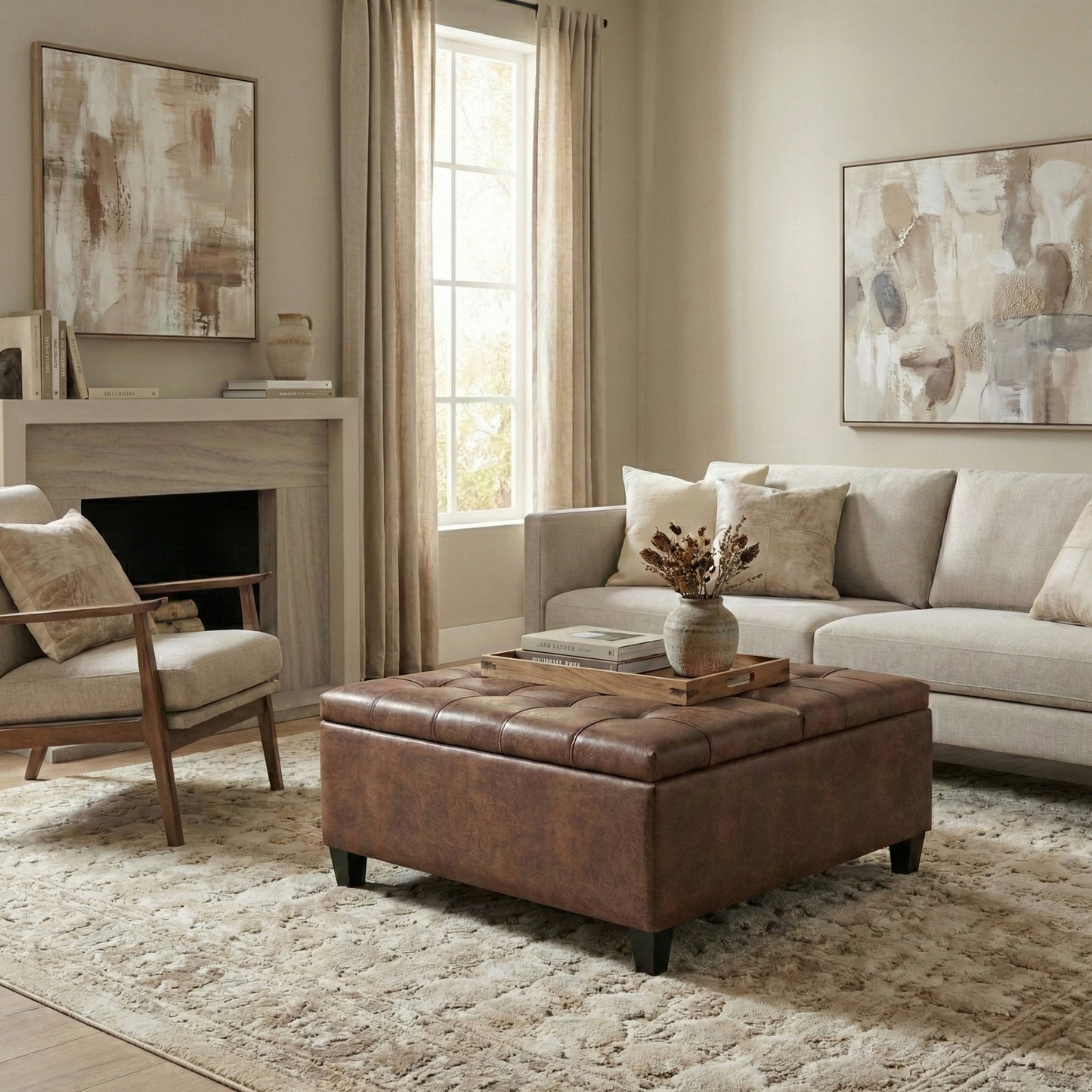 Distressed Saddle Brown Distressed Vegan Leather | Harrison Coffee Table Storage Ottoman