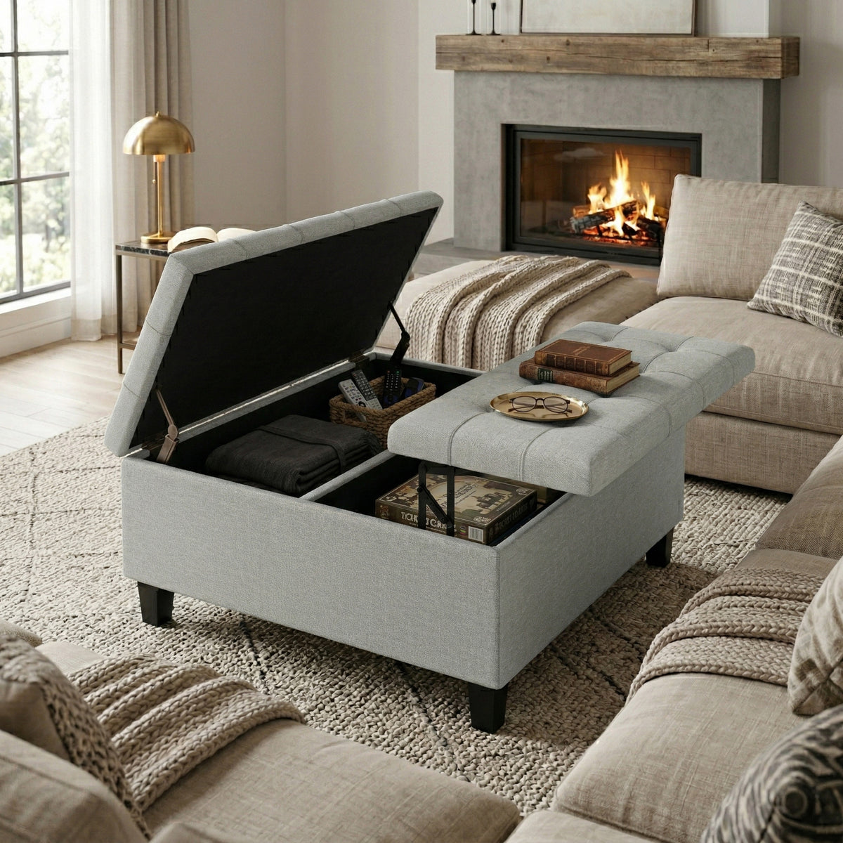 Light Stone Grey Linen Style Fabric | Harrison Coffee Table Storage Ottoman