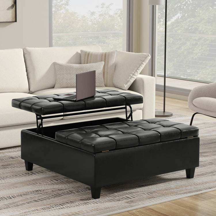 Midnight Black Vegan Leather | Harrison Large Square Coffee Table Storage Ottoman