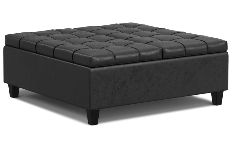 Distressed Black Distressed Vegan Leather | Harrison Large Square Coffee Table Storage Ottoman