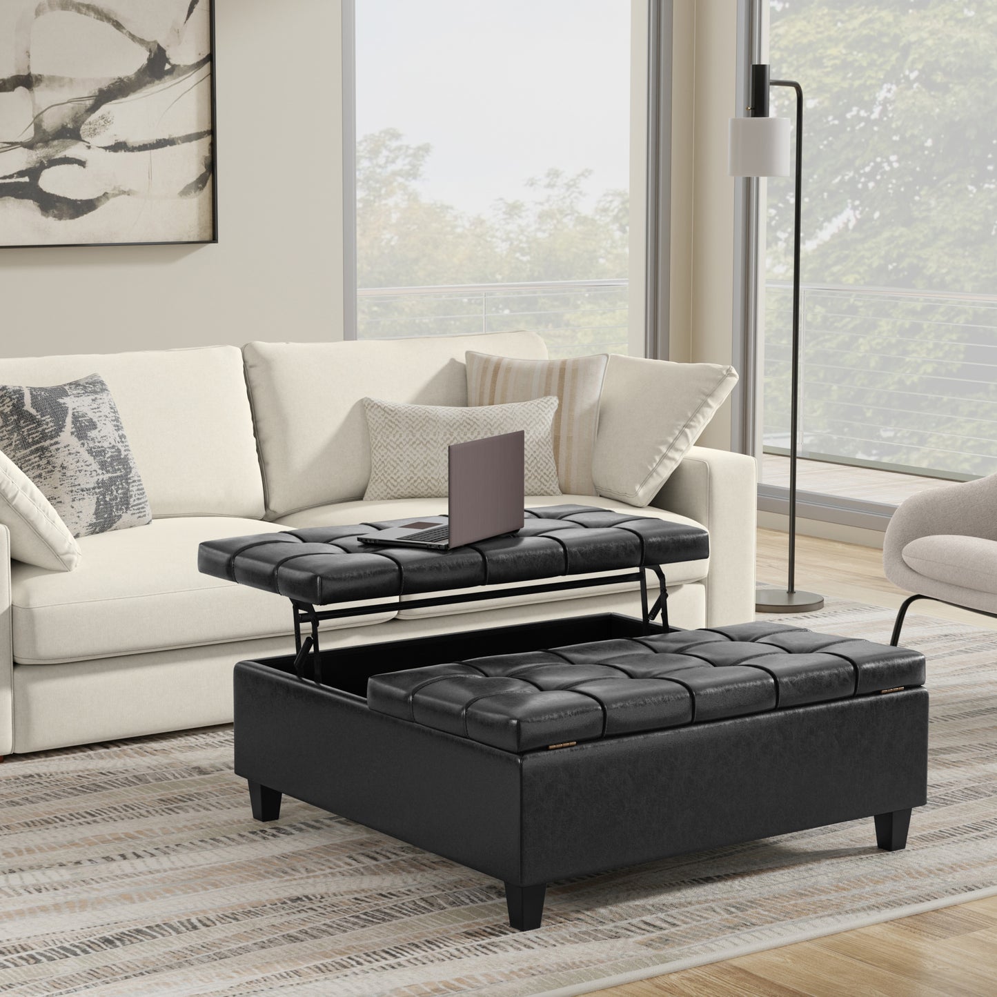 Distressed Black Distressed Vegan Leather | Harrison Large Square Coffee Table Storage Ottoman