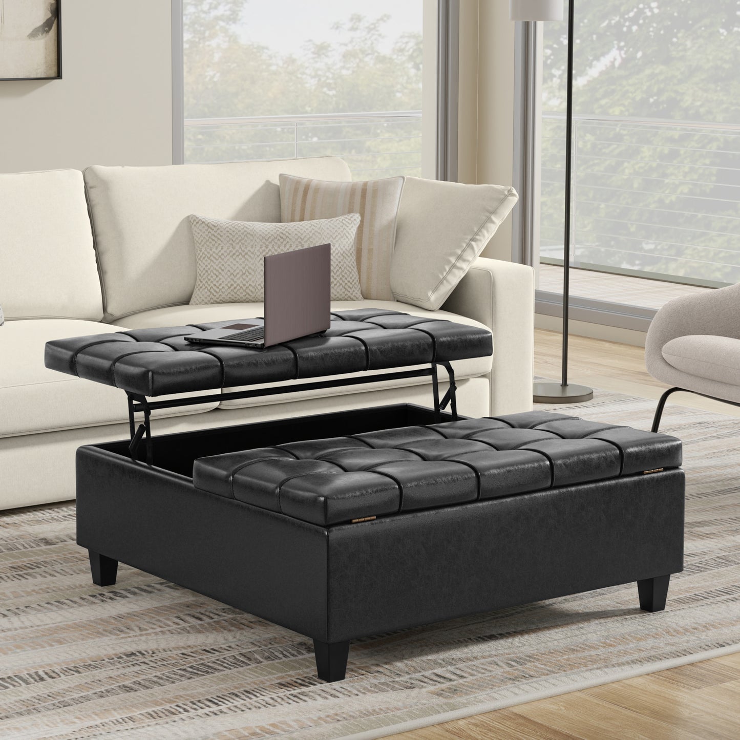 Distressed Black Distressed Vegan Leather | Harrison Large Square Coffee Table Storage Ottoman