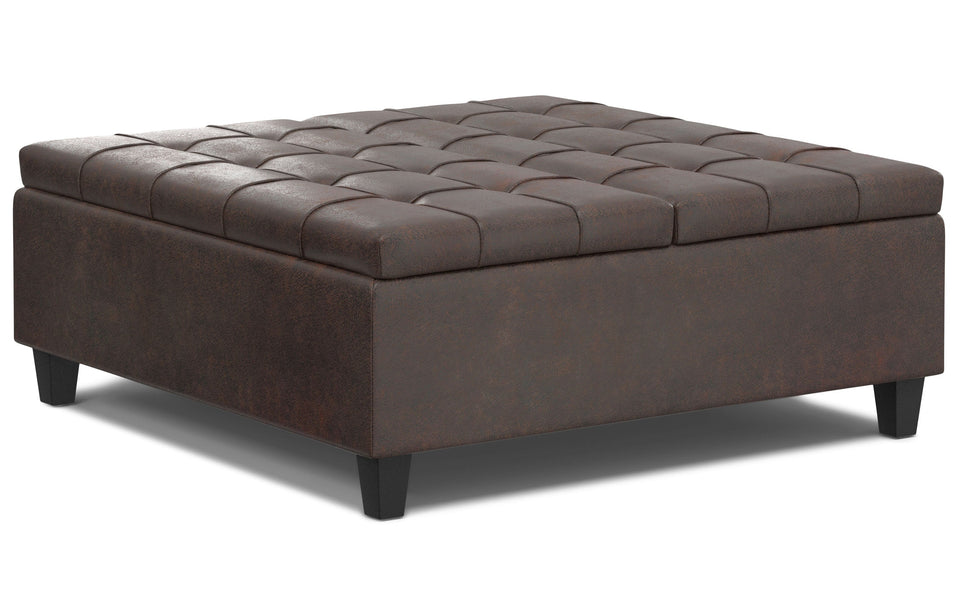 Distressed Brown Distressed Vegan Leather | Harrison Large Square Coffee Table Storage Ottoman