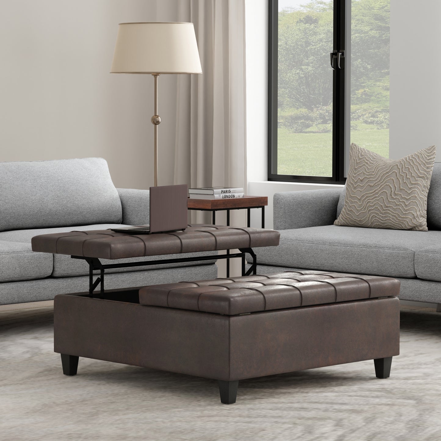 Distressed Brown Distressed Vegan Leather | Harrison Large Square Coffee Table Storage Ottoman