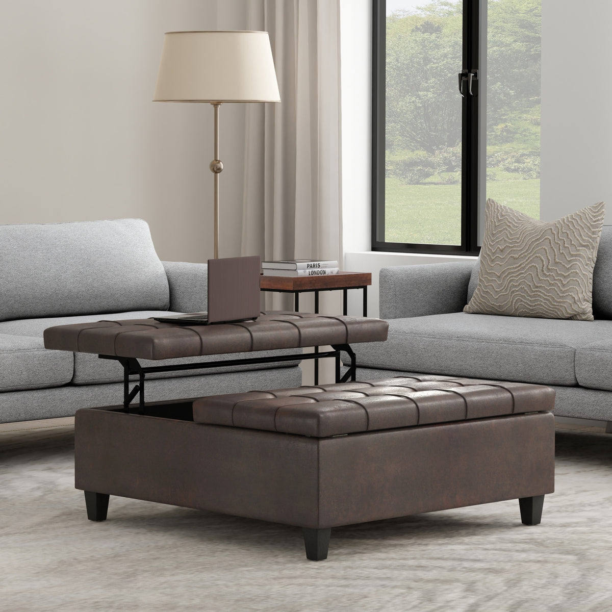 Distressed Brown Distressed Vegan Leather | Harrison Large Square Coffee Table Storage Ottoman
