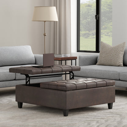 Distressed Brown Distressed Vegan Leather | Harrison Large Square Coffee Table Storage Ottoman