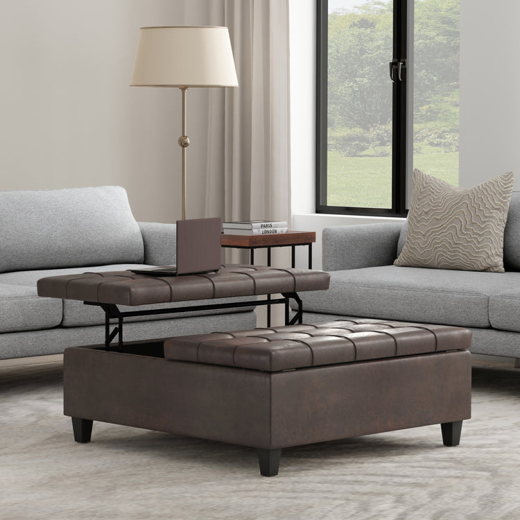 Distressed Brown Distressed Vegan Leather | Harrison Large Square Coffee Table Storage Ottoman