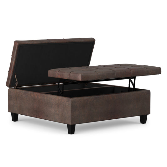 Distressed Brown Distressed Vegan Leather | Harrison Large Square Coffee Table Storage Ottoman