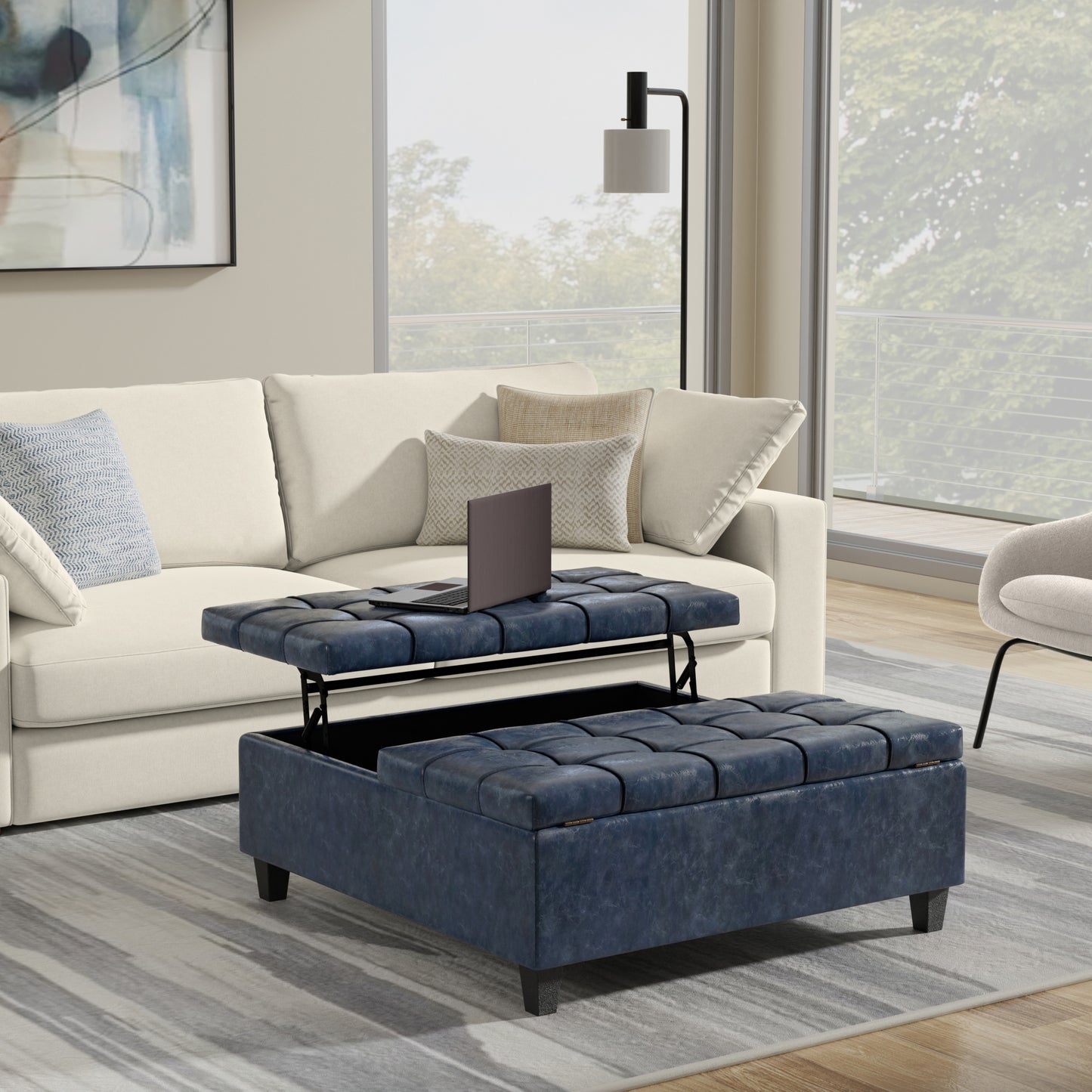 Denim Blue Vegan Leather | Harrison Large Square Coffee Table Storage Ottoman