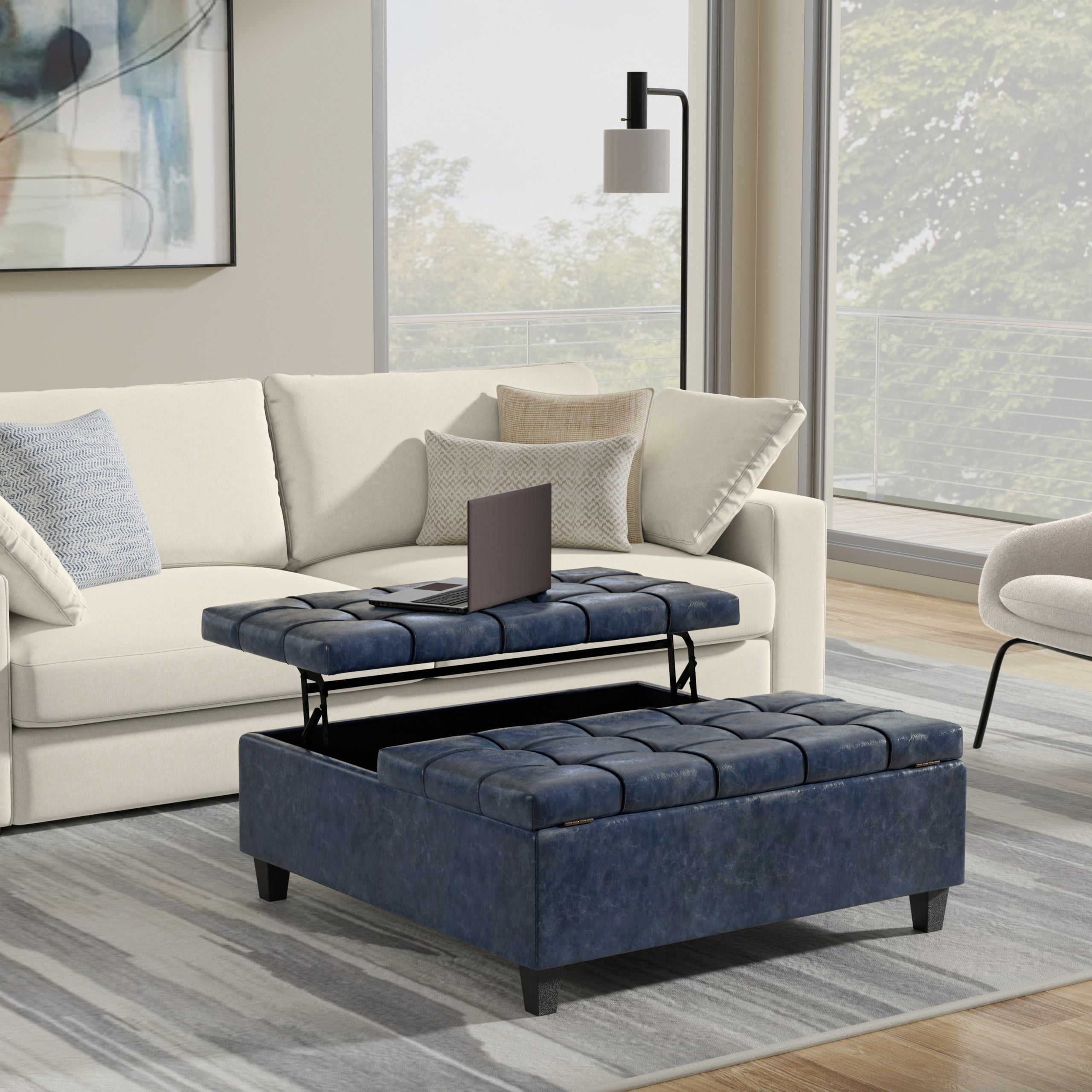 Denim Blue Vegan Leather | Harrison Large Square Coffee Table Storage Ottoman