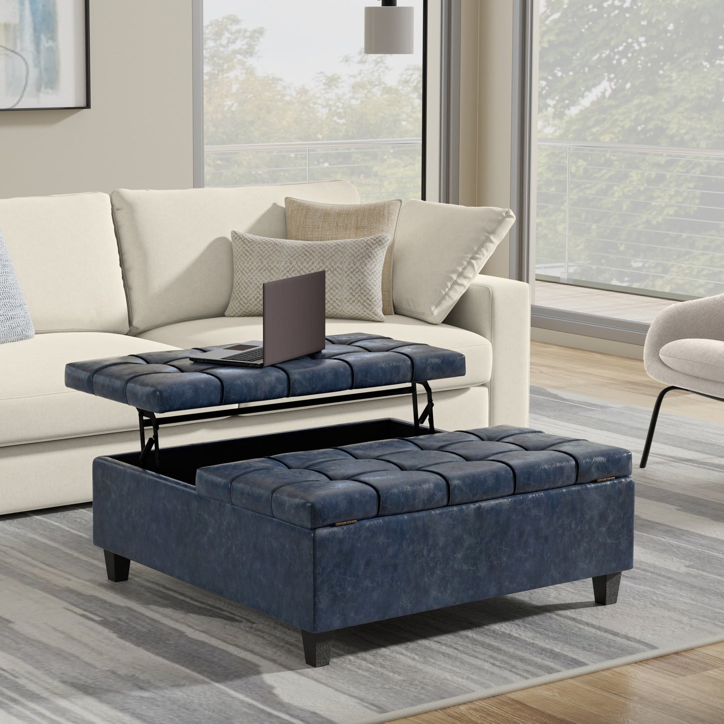 Denim Blue Vegan Leather | Harrison Large Square Coffee Table Storage Ottoman