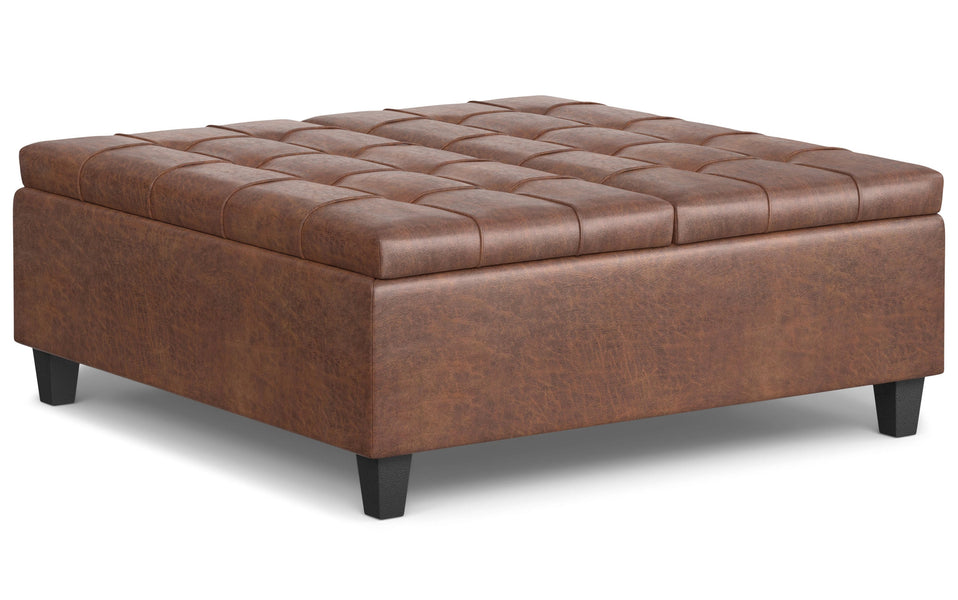 Distressed Saddle Brown Distressed Vegan Leather | Harrison Large Square Coffee Table Storage Ottoman