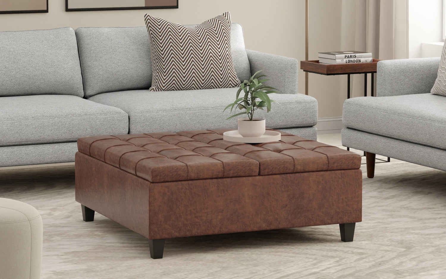 Distressed Saddle Brown Distressed Vegan Leather | Harrison Large Square Coffee Table Storage Ottoman