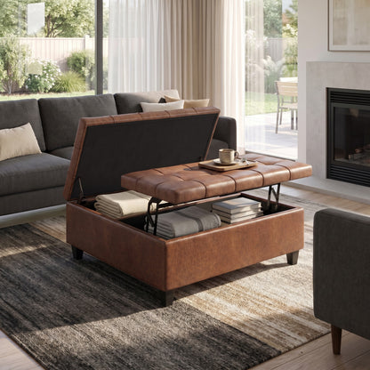 Distressed Saddle Brown Distressed Vegan Leather | Harrison Large Square Coffee Table Storage Ottoman
