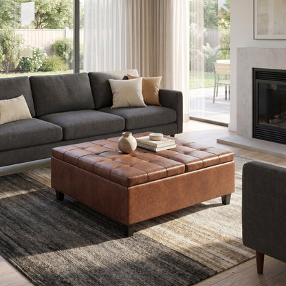 Distressed Saddle Brown Distressed Vegan Leather | Harrison Large Square Coffee Table Storage Ottoman