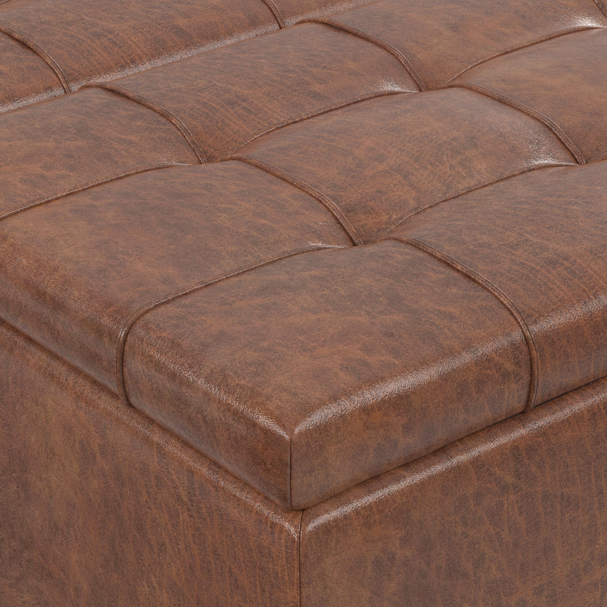 Distressed Saddle Brown Distressed Vegan Leather | Harrison Large Square Coffee Table Storage Ottoman
