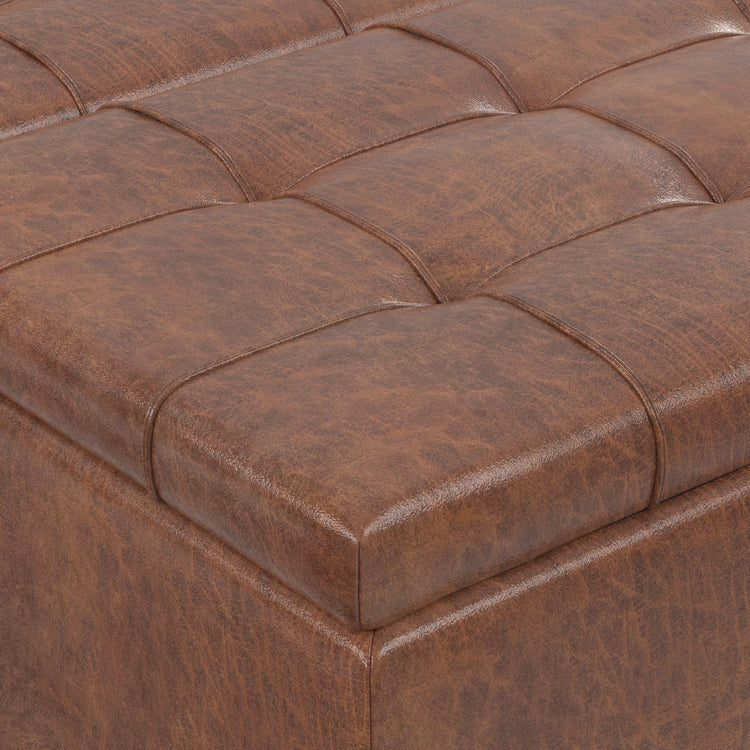 Distressed Saddle Brown Distressed Vegan Leather | Harrison Large Square Coffee Table Storage Ottoman