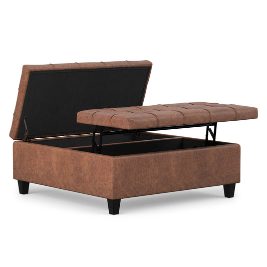 Distressed Saddle Brown Distressed Vegan Leather | Harrison Large Square Coffee Table Storage Ottoman