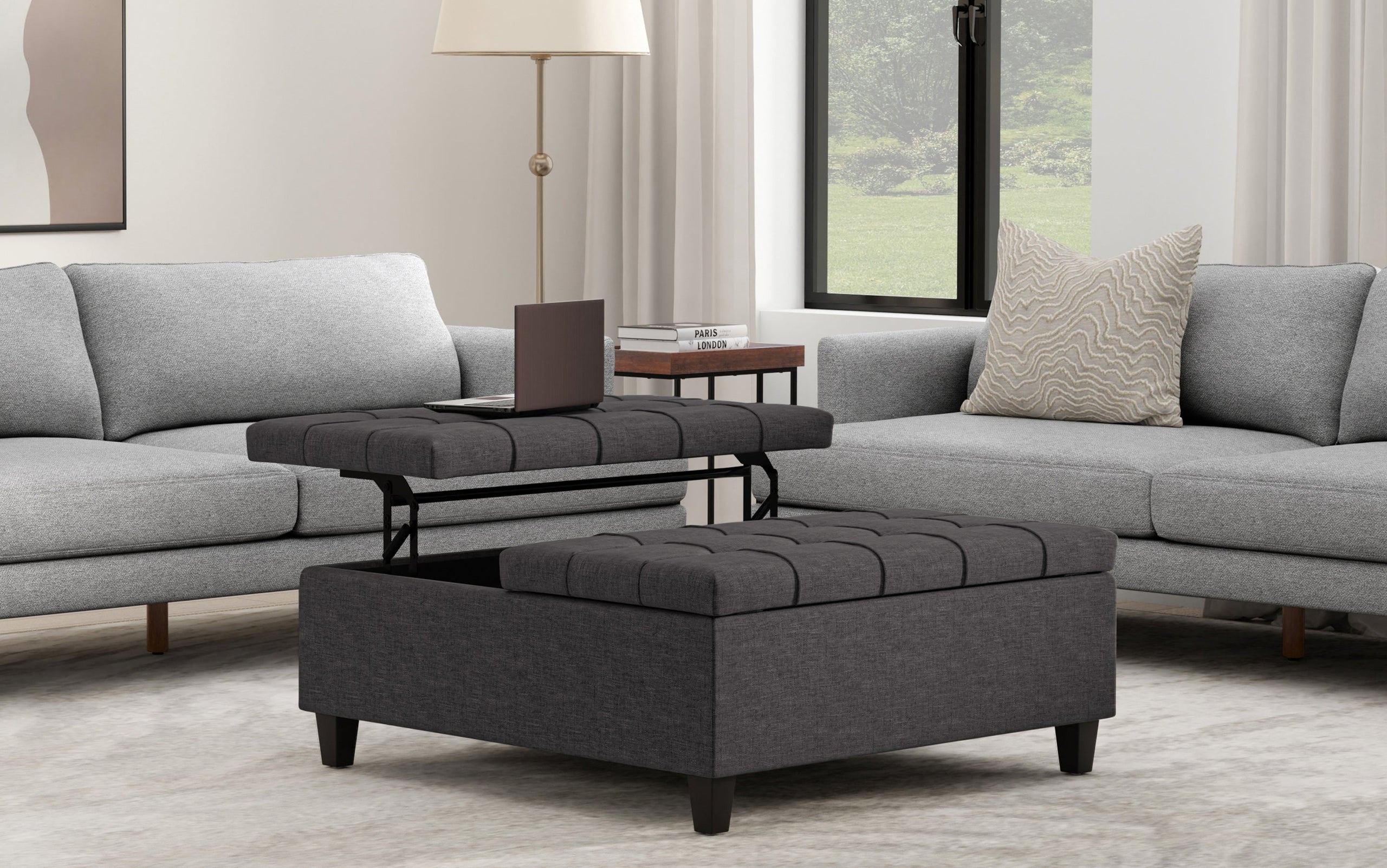 Slate Grey Linen Style Fabric | Harrison Large Square Coffee Table Storage Ottoman in Linen
