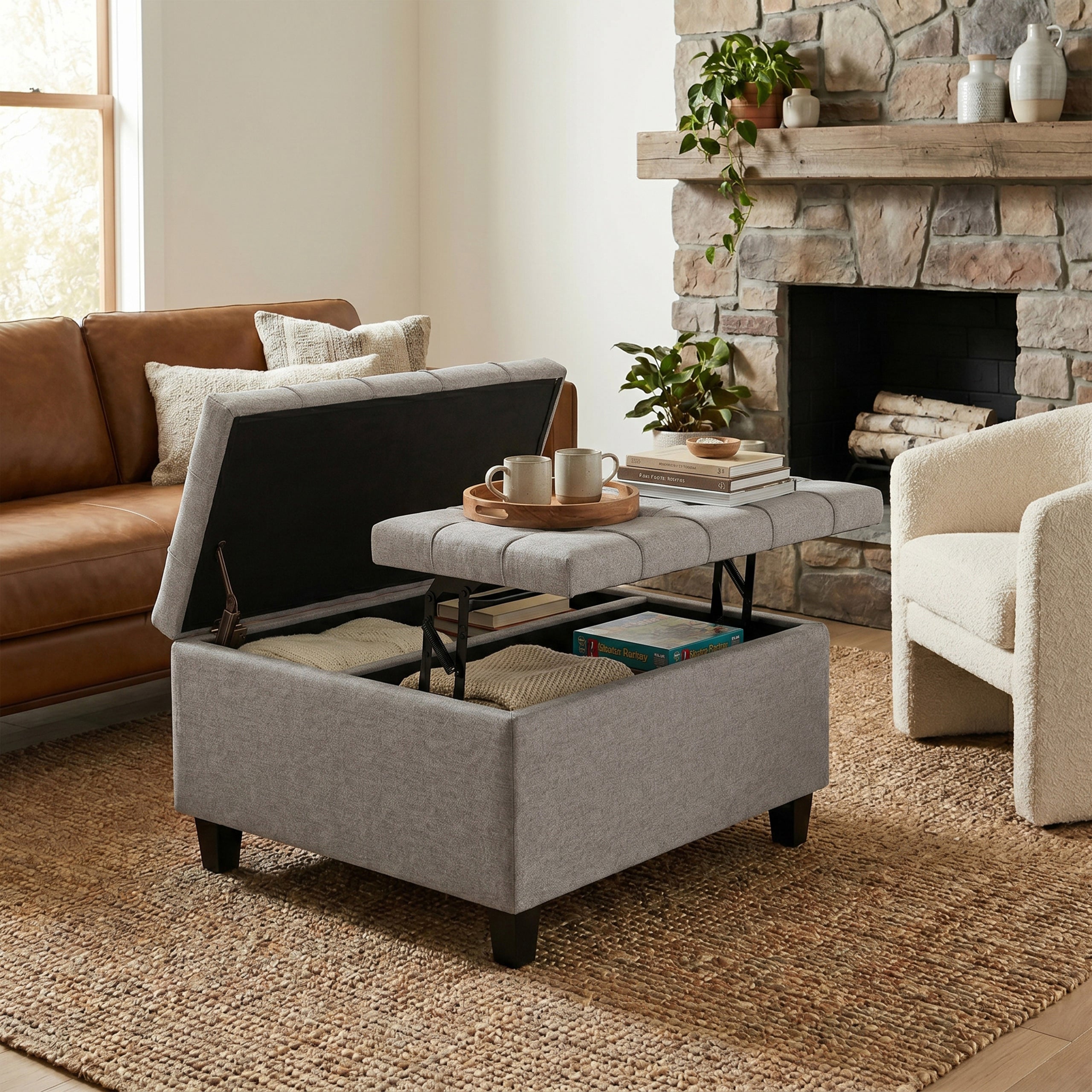Cloud Grey Linen Style Fabric | Harrison Small Square Coffee Table Storage Ottoman