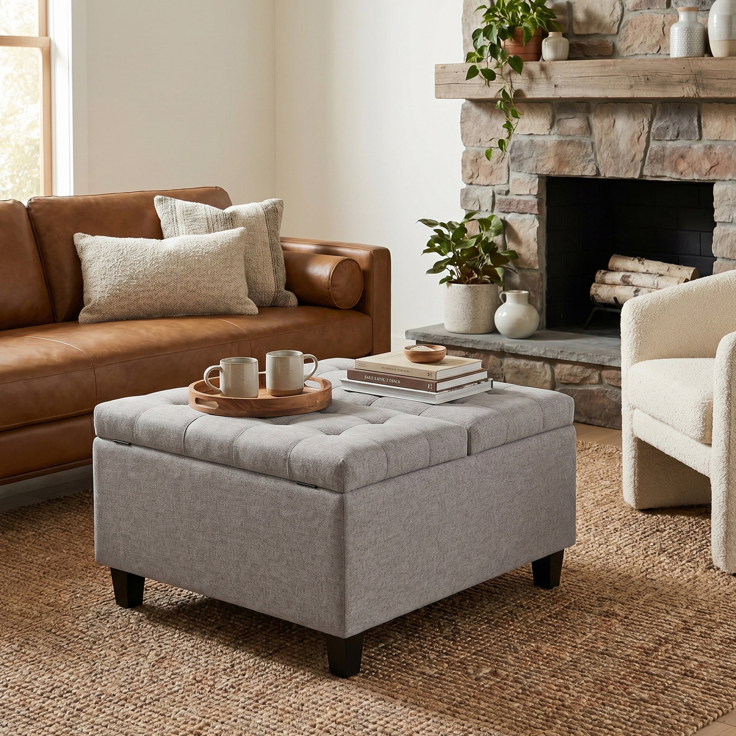 Cloud Grey Linen Style Fabric | Harrison Small Square Coffee Table Storage Ottoman