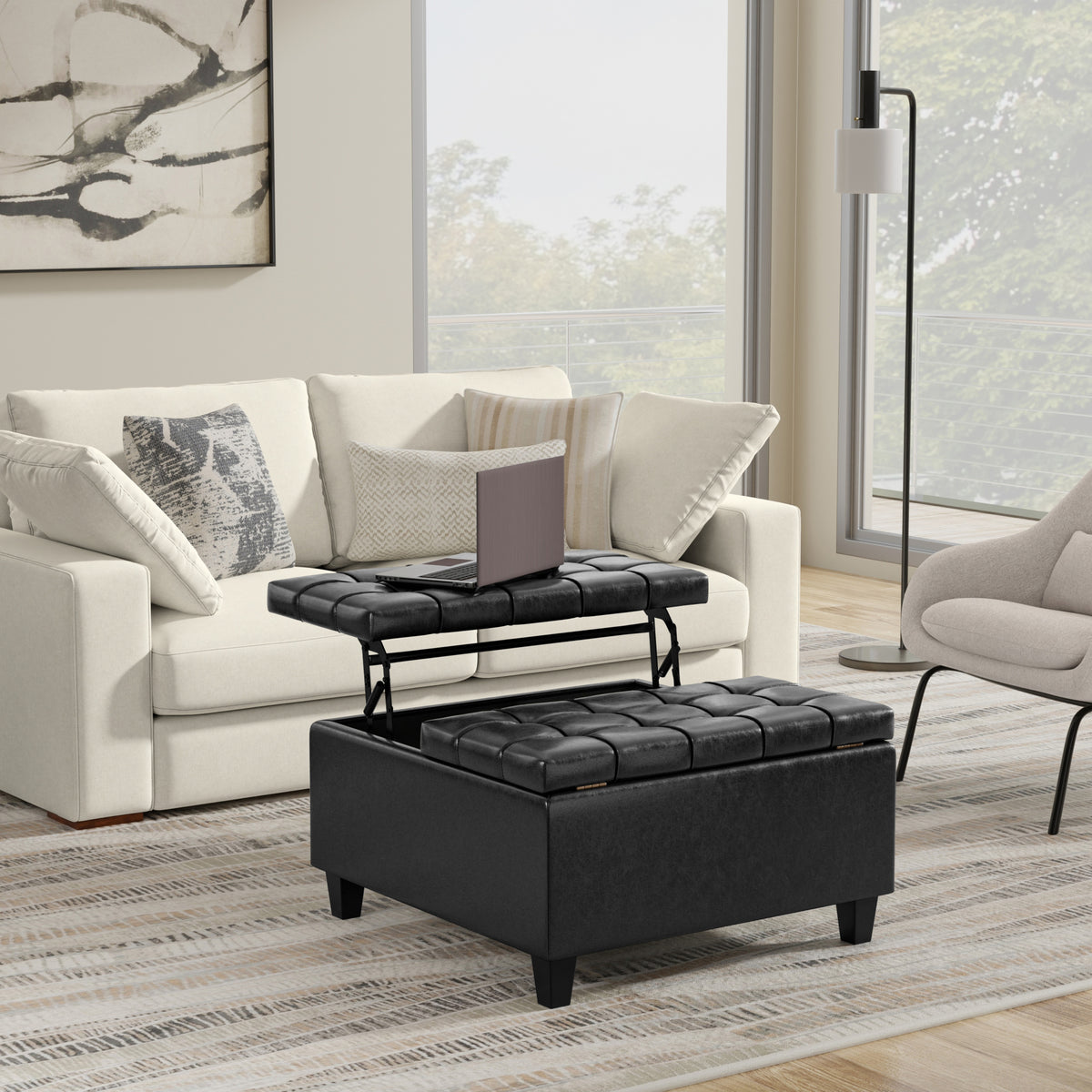 Distressed Black Distressed Vegan Leather | Harrison Small Square Coffee Table Storage Ottoman in Distressed Vegan Leather