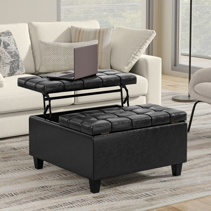 Distressed Black Distressed Vegan Leather | Harrison Small Square Coffee Table Storage Ottoman in Distressed Vegan Leather