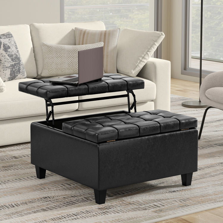 Distressed Black Distressed Vegan Leather | Harrison Small Square Coffee Table Storage Ottoman in Distressed Vegan Leather