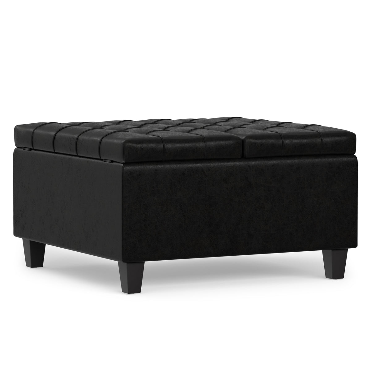 Distressed Black Distressed Vegan Leather | Harrison Small Square Coffee Table Storage Ottoman in Distressed Vegan Leather