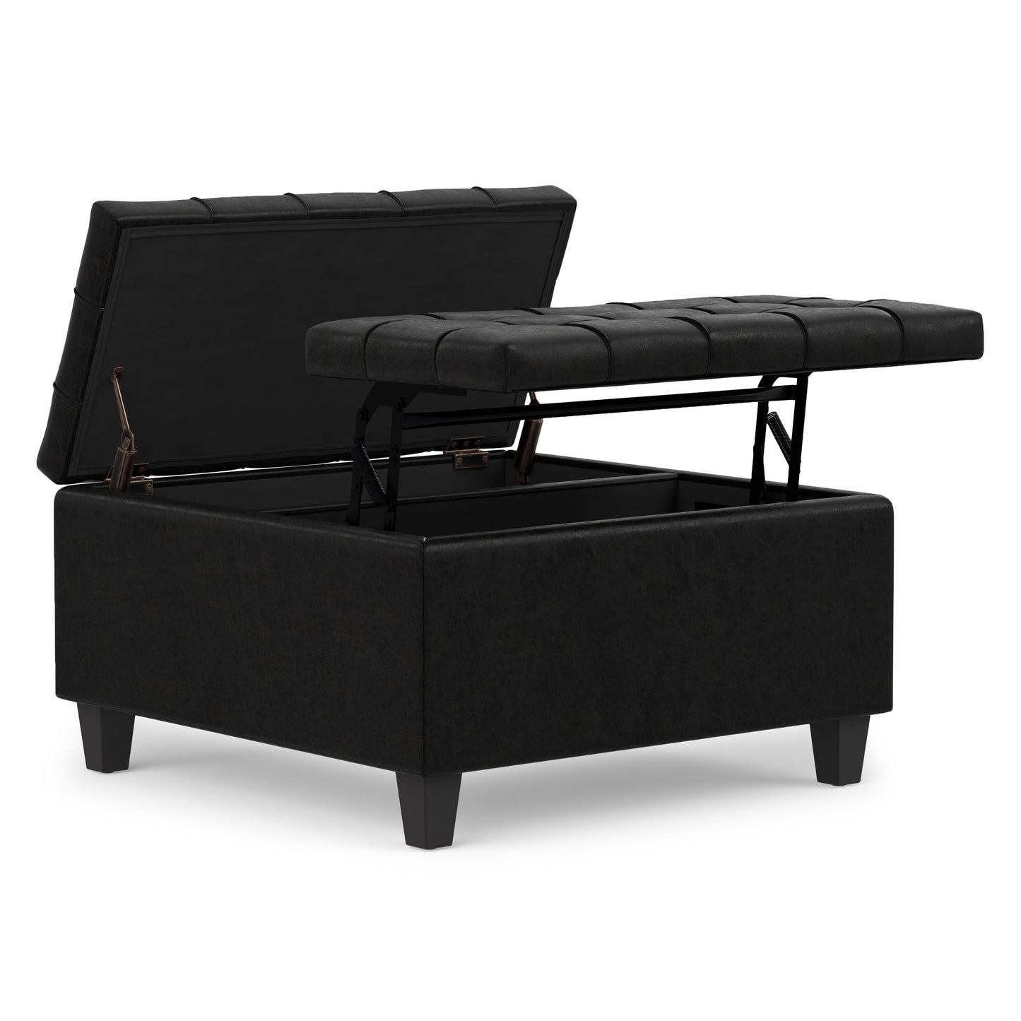 Distressed Black Distressed Vegan Leather | Harrison Small Square Coffee Table Storage Ottoman in Distressed Vegan Leather