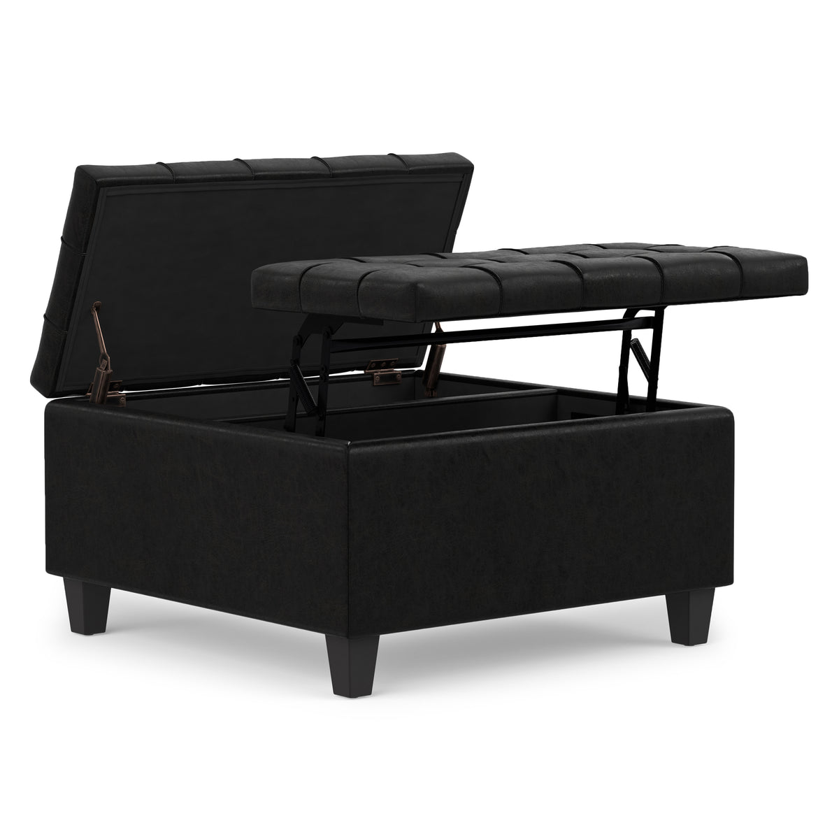 Distressed Black Distressed Vegan Leather | Harrison Small Square Coffee Table Storage Ottoman in Distressed Vegan Leather