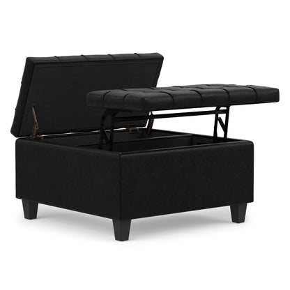 Distressed Black Distressed Vegan Leather | Harrison Small Square Coffee Table Storage Ottoman in Distressed Vegan Leather