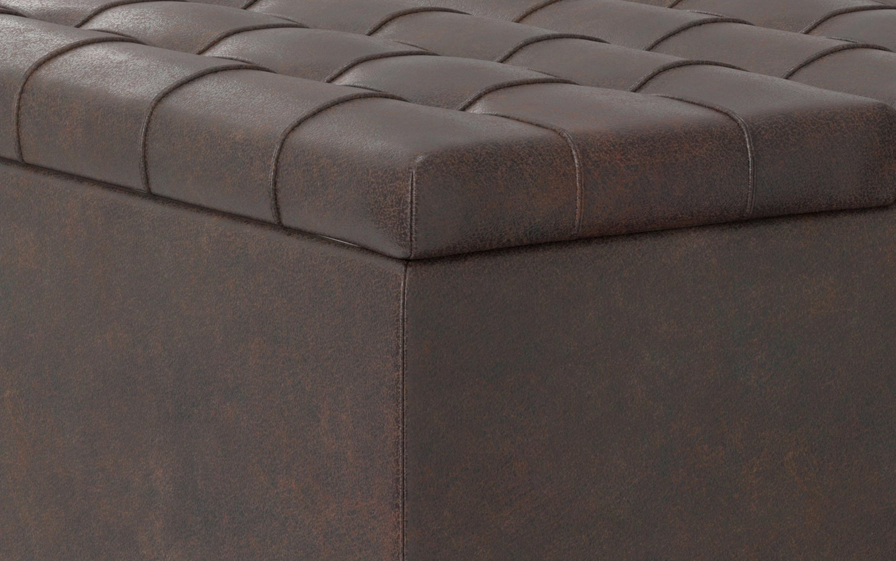 Distressed Brown Distressed Vegan Leather | Harrison Small Square Coffee Table Storage Ottoman in Distressed Vegan Leather
