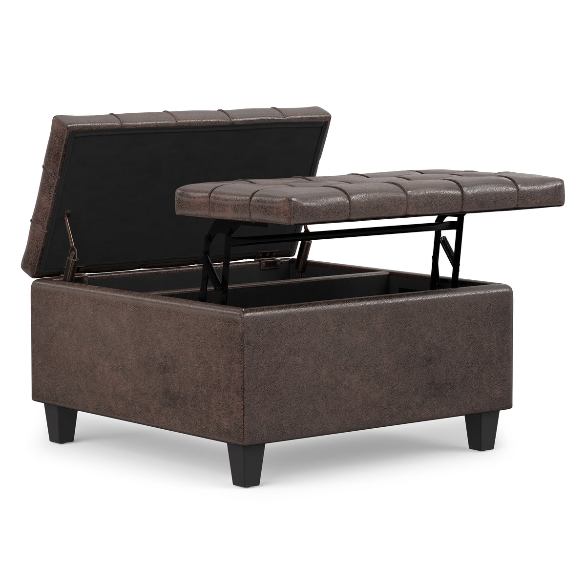 Distressed Brown Distressed Vegan Leather | Harrison Small Square Coffee Table Storage Ottoman in Distressed Vegan Leather