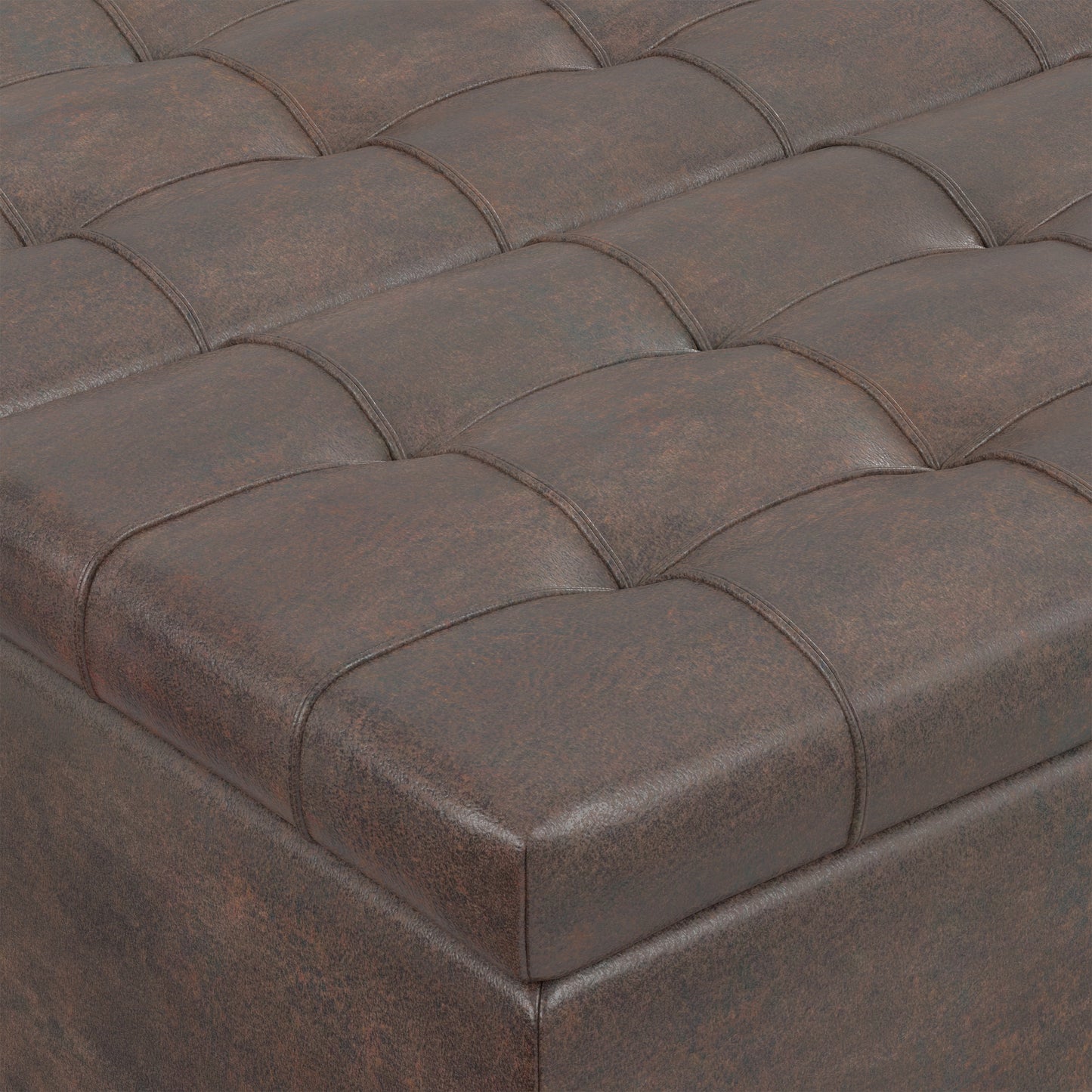 Distressed Brown Distressed Vegan Leather | Harrison Small Square Coffee Table Storage Ottoman in Distressed Vegan Leather