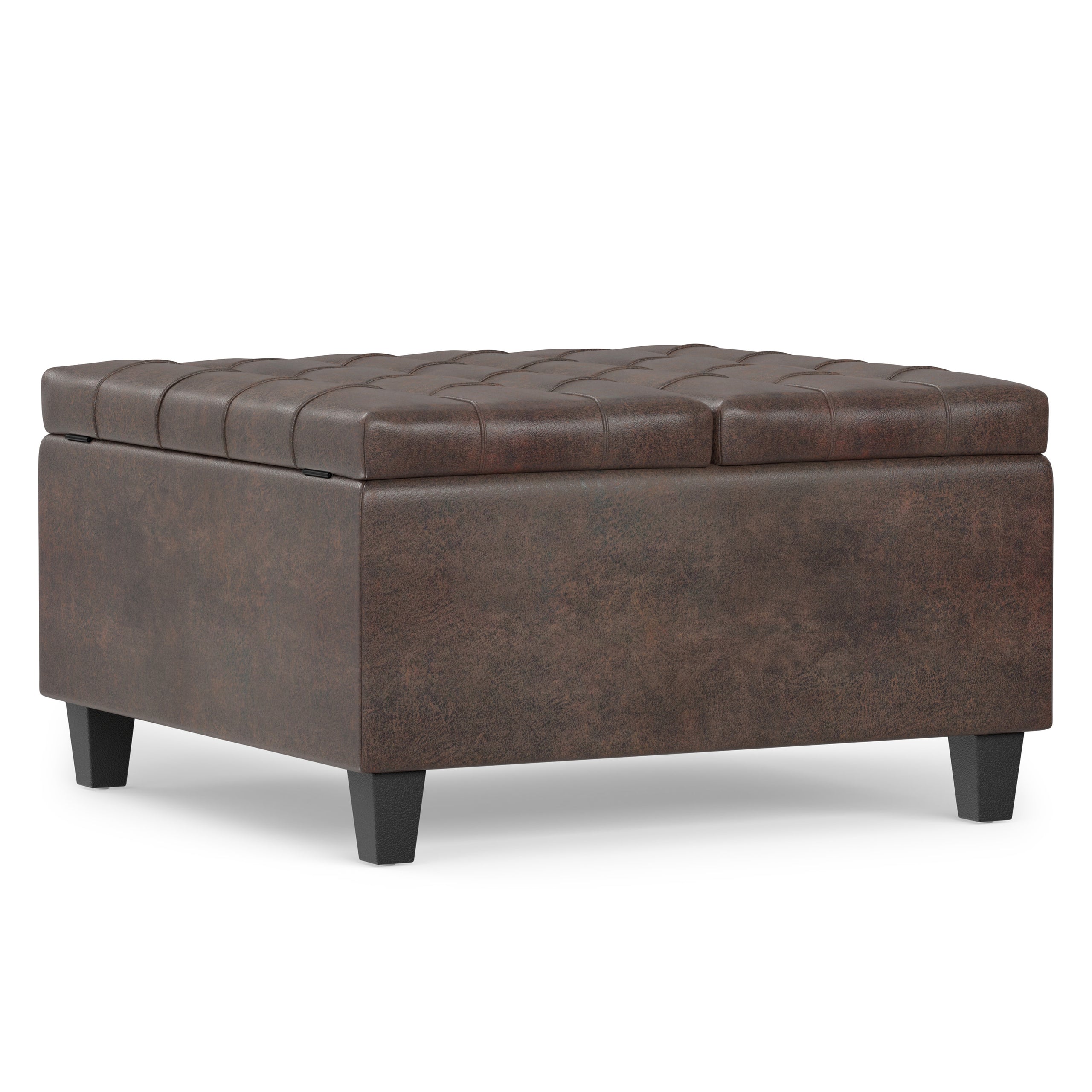 Distressed Brown Distressed Vegan Leather | Harrison Small Square Coffee Table Storage Ottoman in Distressed Vegan Leather
