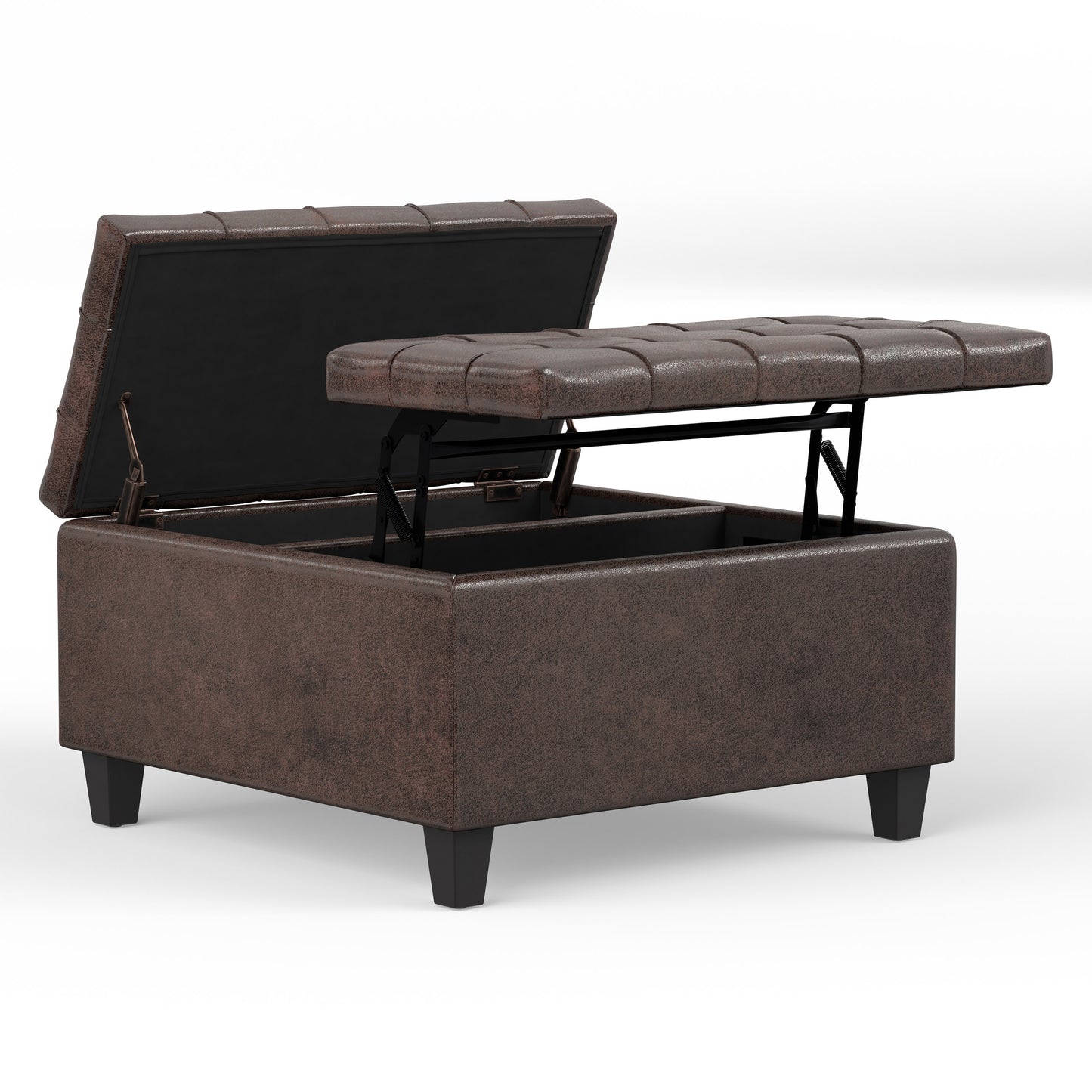 Distressed Brown Distressed Vegan Leather | Harrison Small Square Coffee Table Storage Ottoman in Distressed Vegan Leather