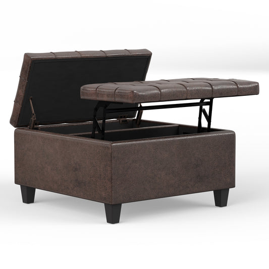 Distressed Brown Distressed Vegan Leather | Harrison Small Square Coffee Table Storage Ottoman in Distressed Vegan Leather