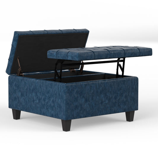 Denim Blue Vegan Leather | Harrison Small Square Coffee Table Storage Ottoman in Vegan Leather