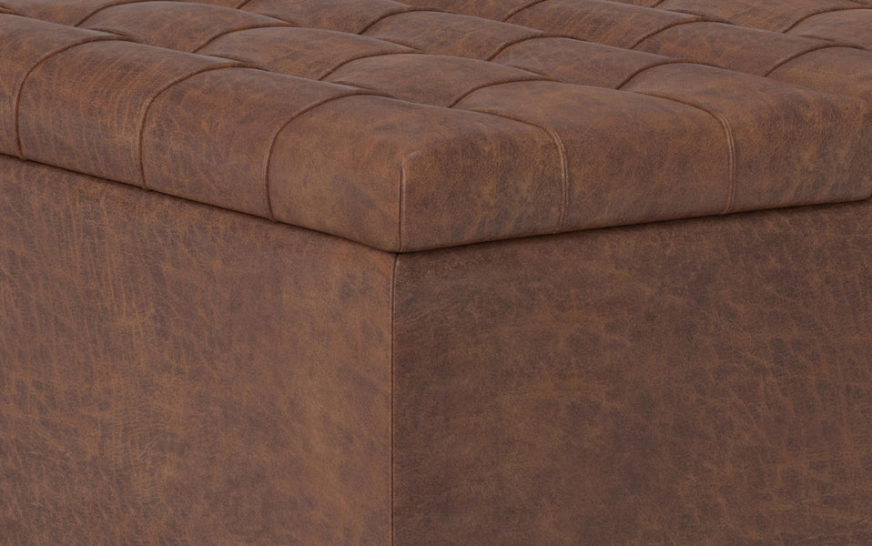 Distressed Saddle Brown Distressed Vegan Leather | Harrison Small Square Coffee Table Storage Ottoman in Distressed Vegan Leather