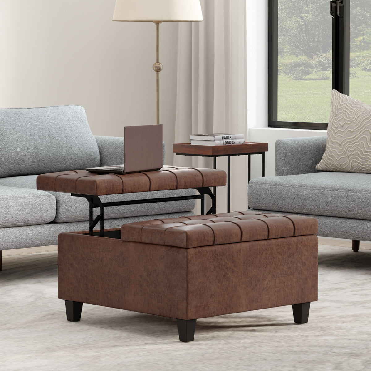 Distressed Saddle Brown Distressed Vegan Leather | Harrison Small Square Coffee Table Storage Ottoman in Distressed Vegan Leather