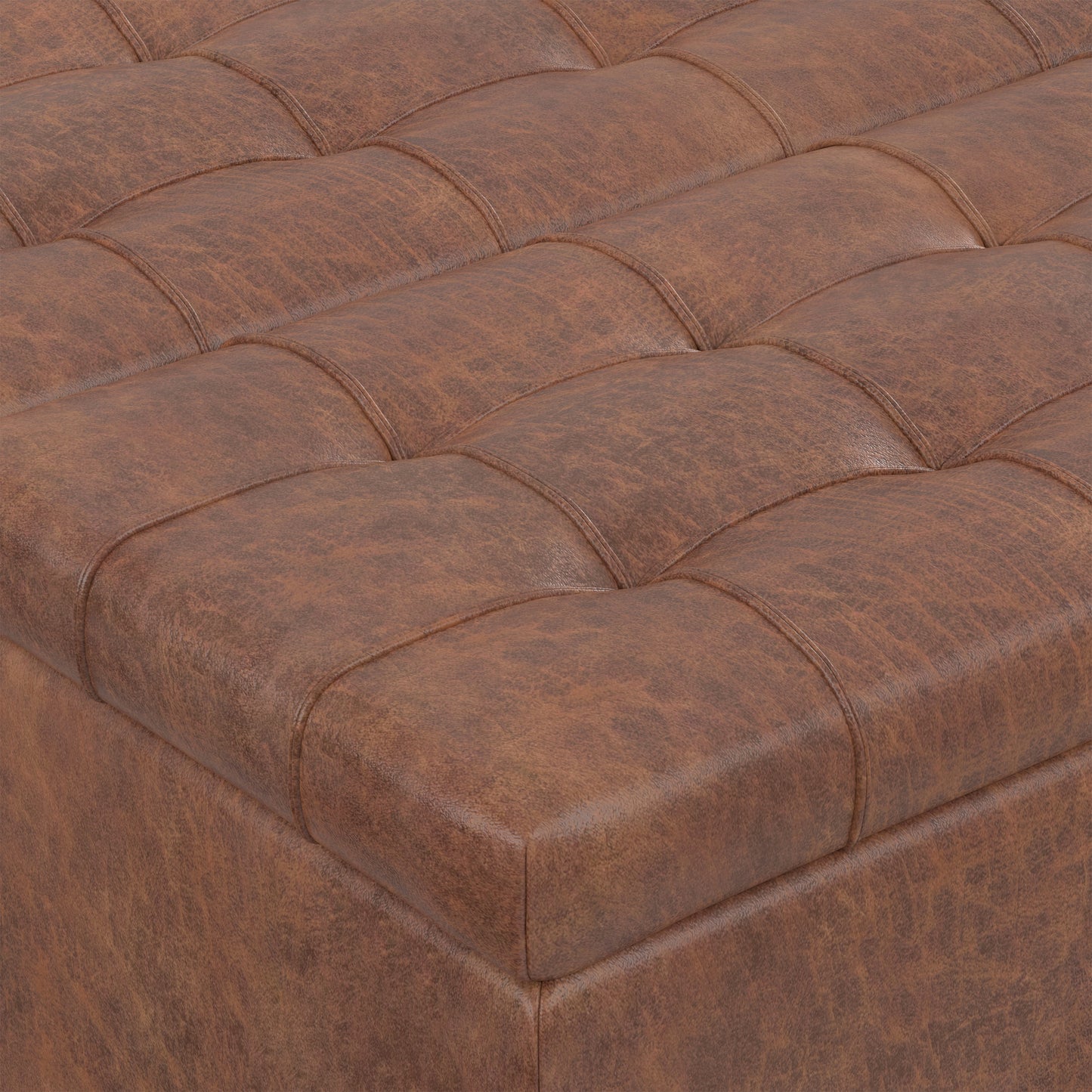 Distressed Saddle Brown Distressed Vegan Leather | Harrison Small Square Coffee Table Storage Ottoman in Distressed Vegan Leather