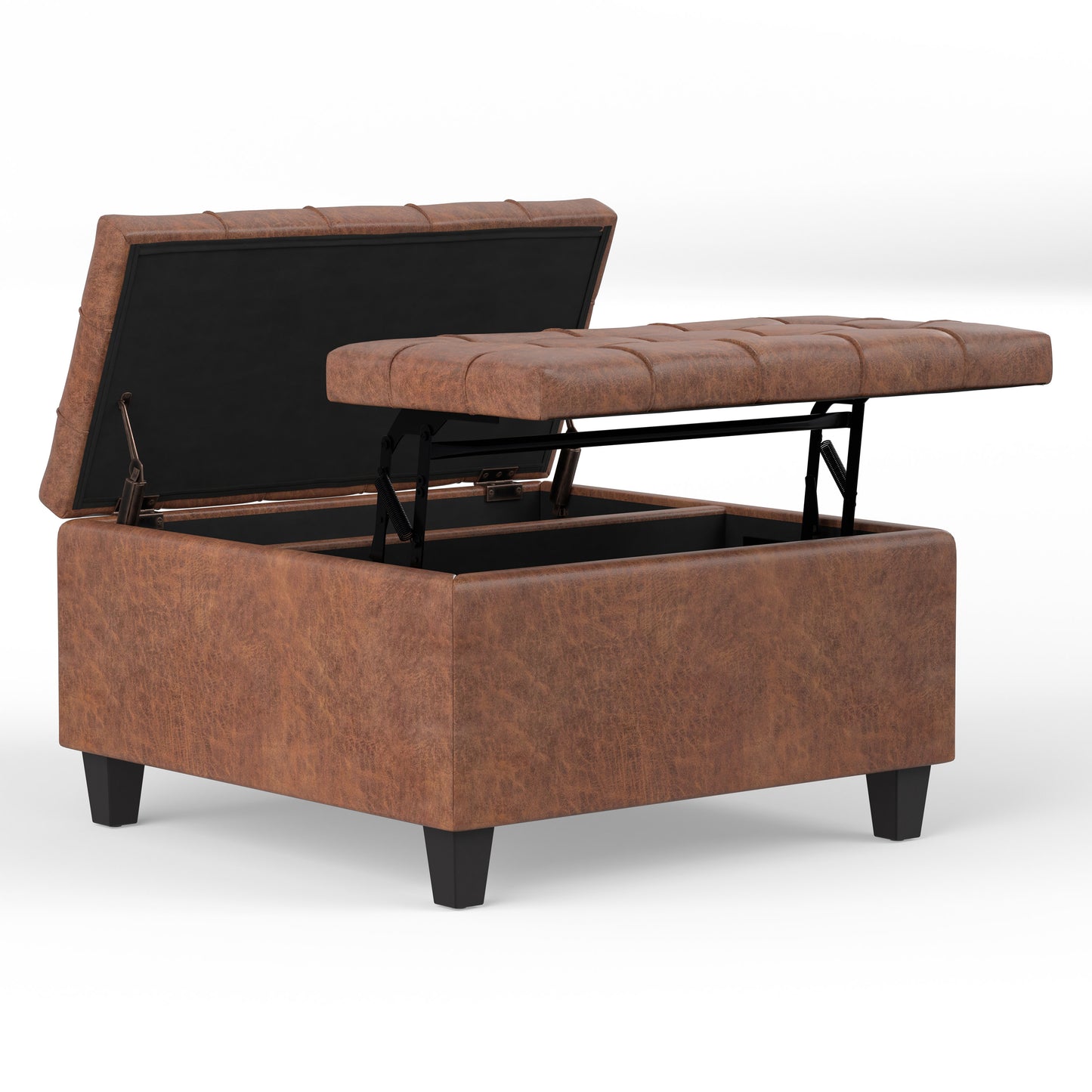 Distressed Saddle Brown Distressed Vegan Leather | Harrison Small Square Coffee Table Storage Ottoman in Distressed Vegan Leather