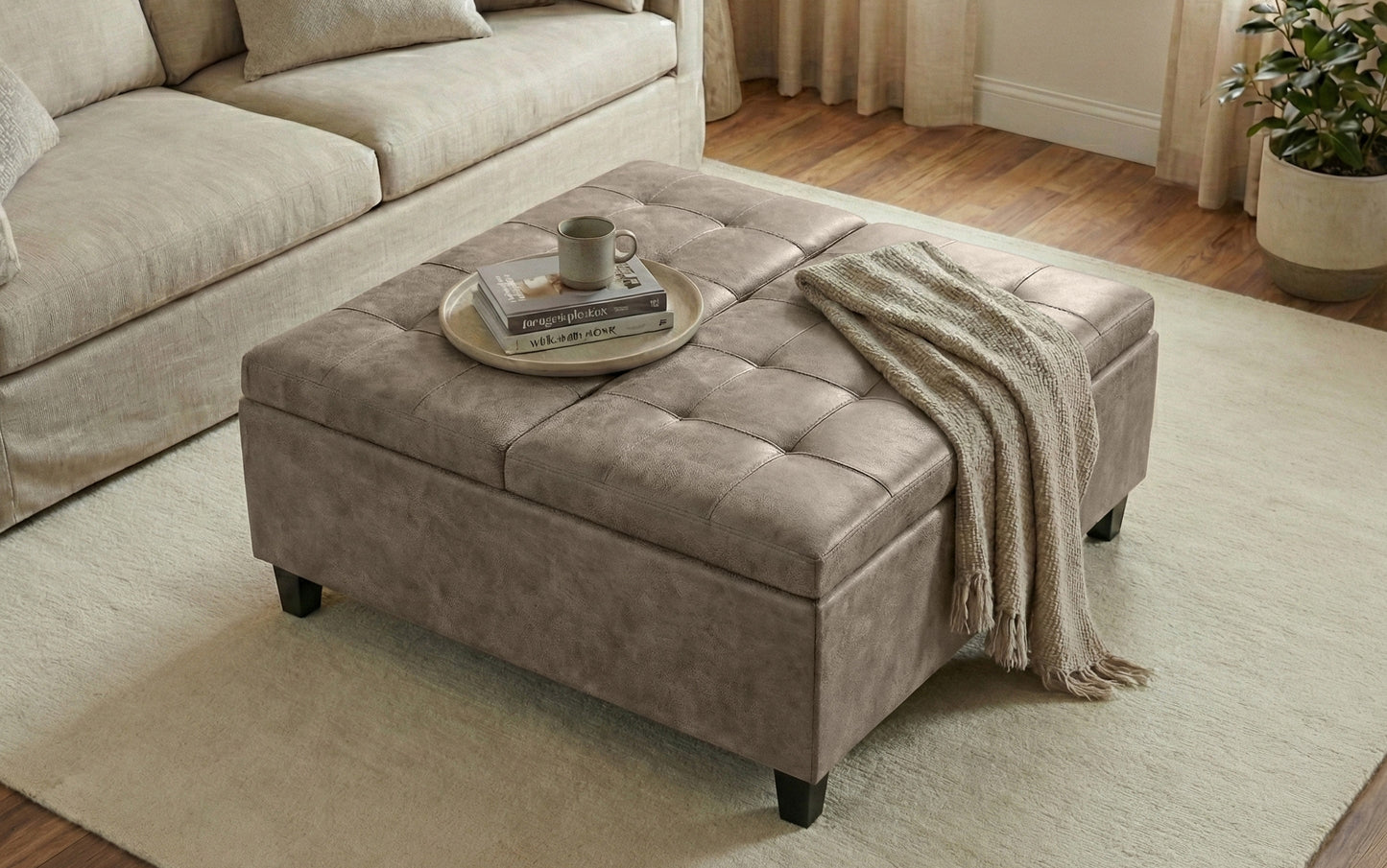 Distressed Smoky Grey Brown Distressed Vegan Leather | Harrison Coffee Table Storage Ottoman