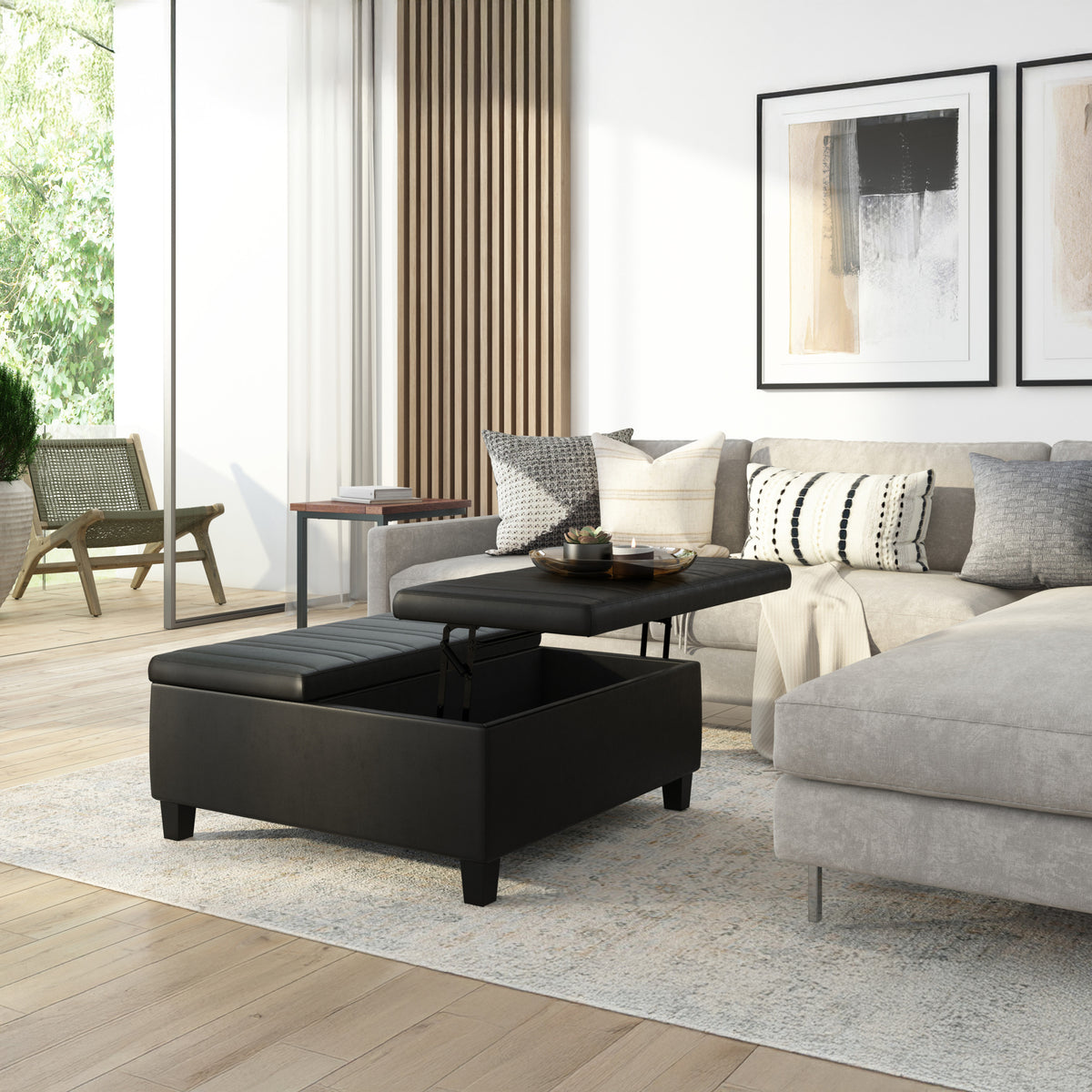 Distressed Black Distressed Vegan Leather | Ellis Table Ottoman in Distressed Vegan Leather