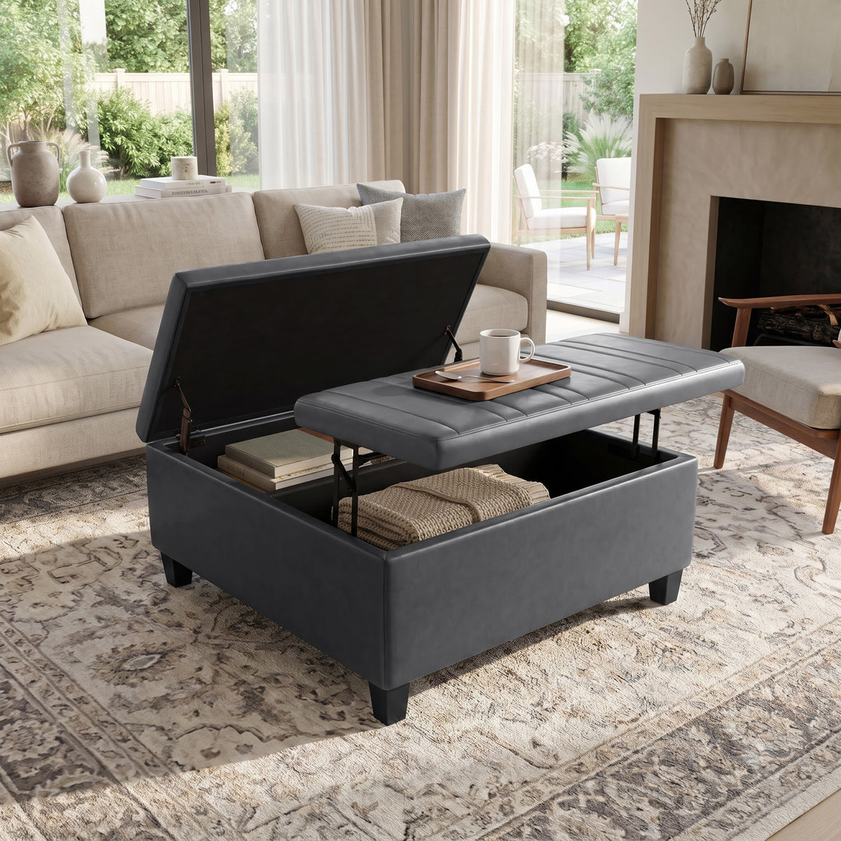 Stone Grey Vegan Leather | Ellis Coffee Table Storage Ottoman