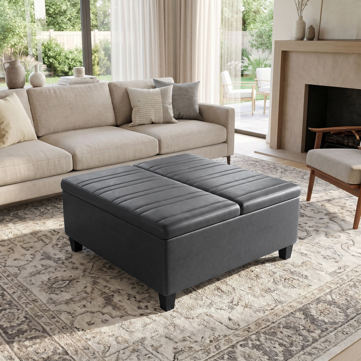 Stone Grey Vegan Leather | Ellis Coffee Table Storage Ottoman